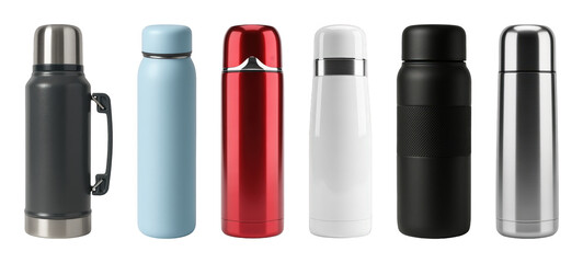 Insulated bottle set including charcoal, blue, red, white, black, and silver variants isolated. Hydration and travel collection.