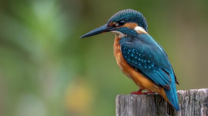 Fototapeta premium A vibrant Common Kingfisher with brilliant blue and orange feathers perched on a weathered wooden post against a soft green background