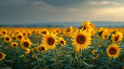 Fototapeta premium A beautiful field of blooming sunflowers under a dramatic sunset sky with warm golden light illuminating the yellow petals