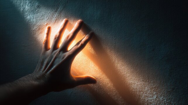 A human hand touching a textured wall illuminated by a dramatic beam of warm light against a dark background