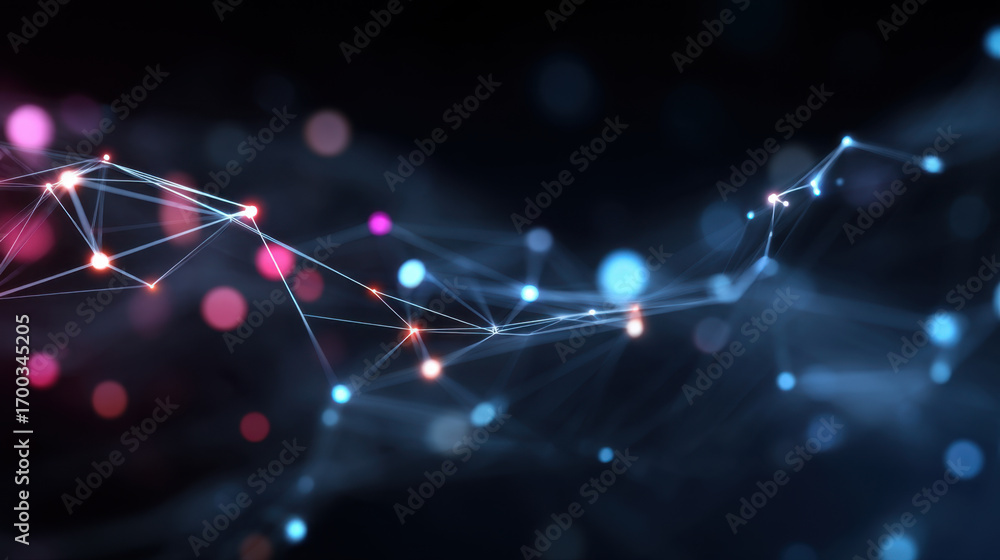 Poster abstract digital network with glowing nodes and connecting lines, showcasing vibrant colors like blu