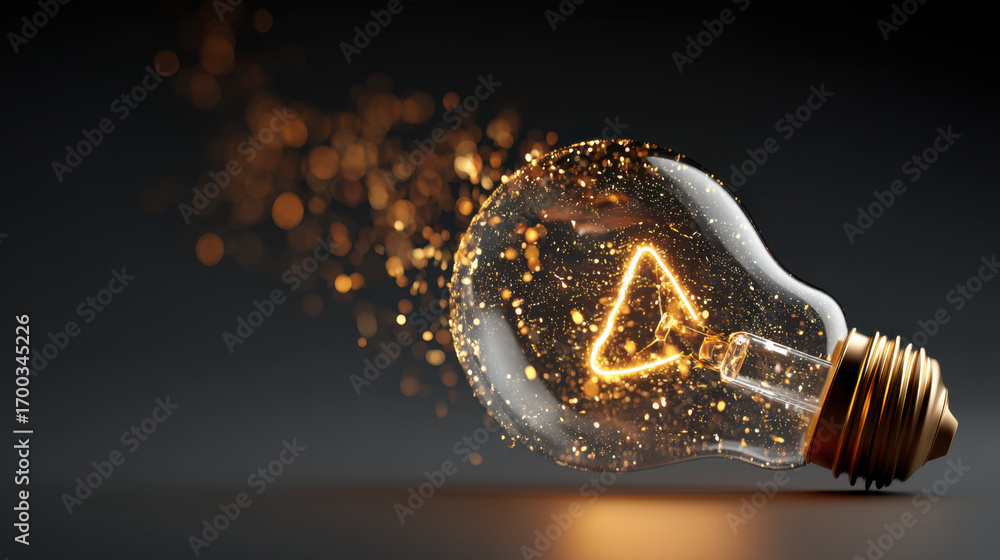 Poster glowing light bulb with sparkling effect, showcasing creative design. bulb emits warm glow, surround