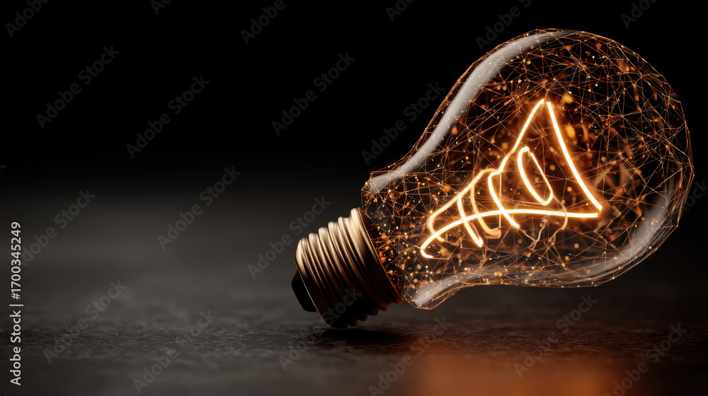 Poster glowing light bulb with intricate wire designs emits warm glow, symbolizing creativity and innovatio