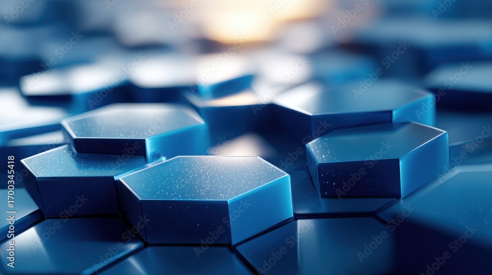 Poster abstract technology background with a futuristic pattern of blue glowing hexagonal shapes and a shal