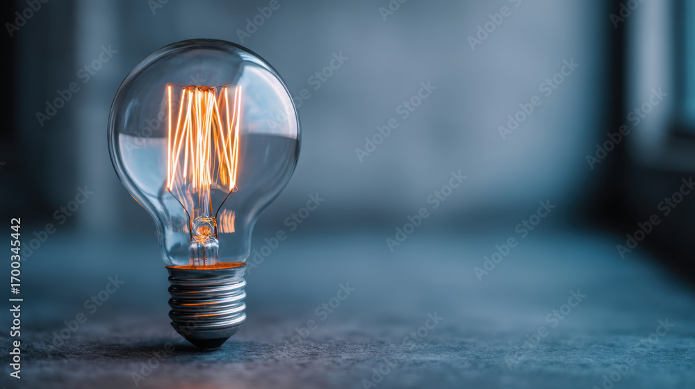 Poster glowing light bulb with visible filaments stands on textured surface, casting warm glow in dimly lit