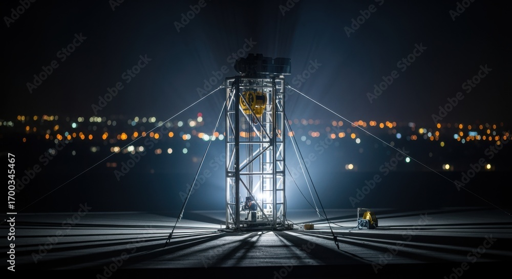 Poster Nighttime footage showing the illuminated guy wires creating intricate shadow patterns around a mobile mast hoist.