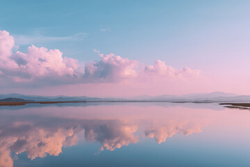 Dreamy pink sky reflecting on calm lake at sunset
