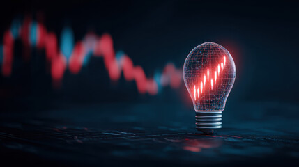 Glowing light bulb with digital grid design symbolizes innovation and creativity, set against backdrop of fluctuating financial graphs. This captures essence of modern technology and economic