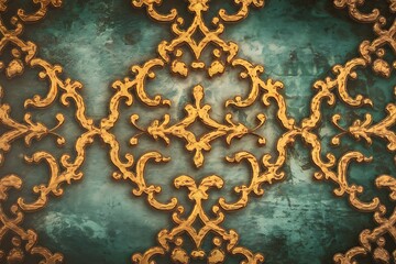 A Stunning Teal and Gold Damask Wallpaper Design with Intricate Baroque Flourishes and an Antique Aesthetic.