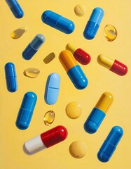 Vibrant capsules and pills in various colors scattered on a bright yellow background.