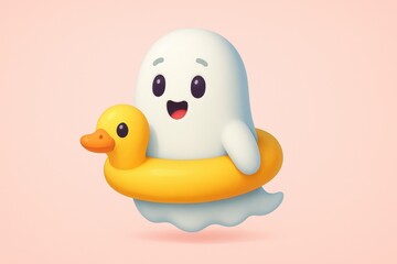 Adorable cartoon ghost character floating on a yellow duck inflatable swim ring against a solid pink background for summer or Halloween
