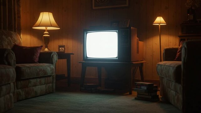 Old CRT television glowing in a vintage living room with lamp, retro home interior