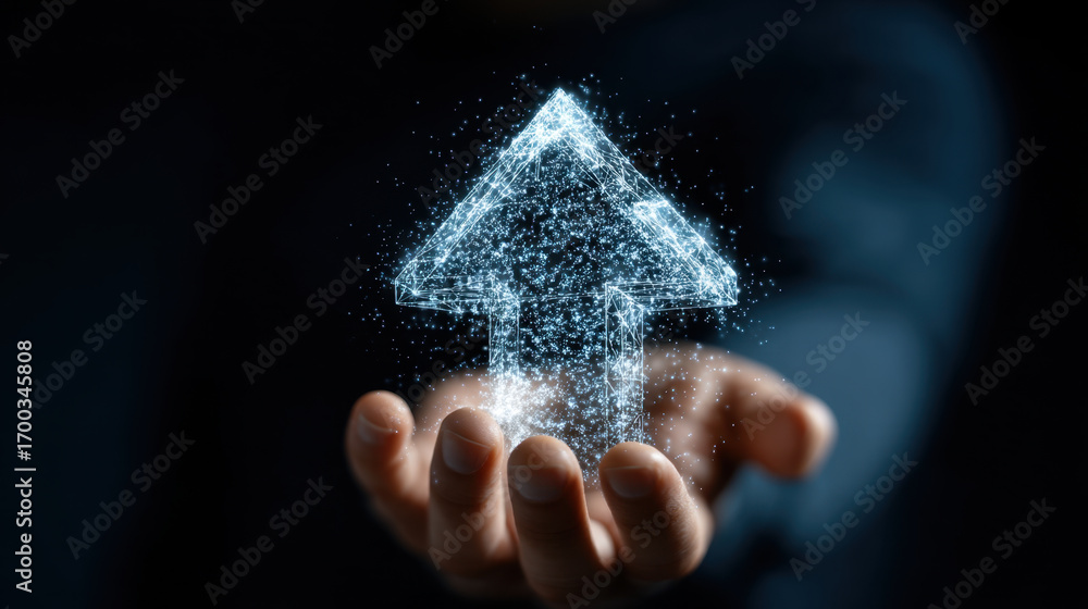 Poster glowing arrow symbolizing progress and growth is held in outstretched hand, surrounded by sparkling 