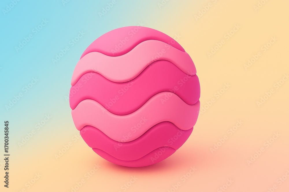 Aufkleber minimalist abstract 3d sphere with pink wavy layers and soft shadows on a colorful blue and yellow g