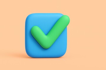 Green check mark icon in a blue checkbox on a plain background representing success, approval, and completion