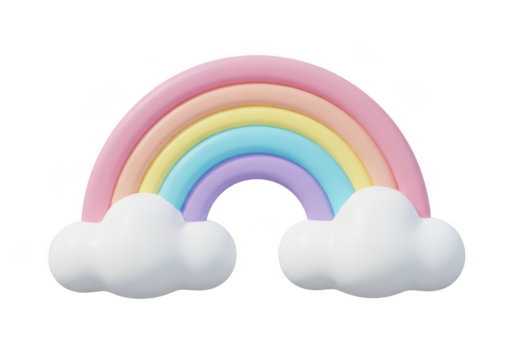 Soft pastel rainbow with clouds isolated on transparent background