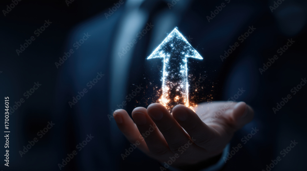 Poster glowing arrow symbolizing growth is held in person hand, representing success and progress in profes