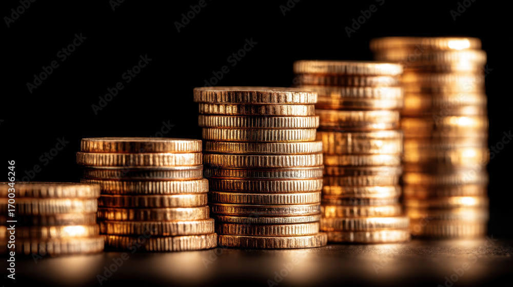 Poster stacks of shiny coins arranged in ascending order create visually appealing display, symbolizing wea
