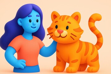 Naklejka premium Stylized woman with vibrant blue skin and purple hair affectionately petting a friendly orange tabby cat on a simple background