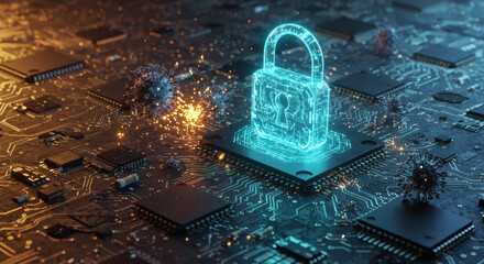 Cybersecurity concept glowing padlock on a circuit board, symbolizing data protection and digital security against online threats and vulnerabilities in the internet age