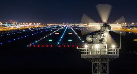 Nighttime scene of illuminated radar mast scanning airport runway emphasizing 247 airside security and realtime aircraft tracking.