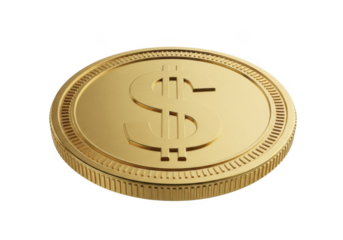 Golden coin with dollar symbol isolated on transparent background