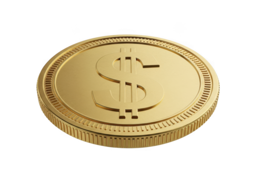 Golden coin with dollar symbol isolated on transparent background