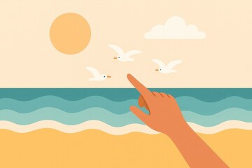 Human hand pointing towards seagulls flying over a calm ocean beach with a bright sun and single cloud in the sky