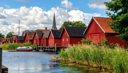 Obraz premium Red wooden houses line a picturesque canal, reflecting a serene summer day.