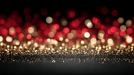 the image presents a festive scene with blurred lights against a dark backdrop. at the bottom, a collection of small, sparkling gold specks forms a dense layer