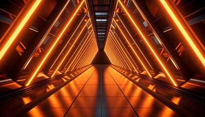 Glowing triangular orange portal or tunnel perspective, tiled floor and dark metal structure