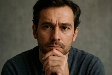 Close up portrait of a thoughtful man holding his chin, expressing deep contemplation and introspection against a gray backdrop
