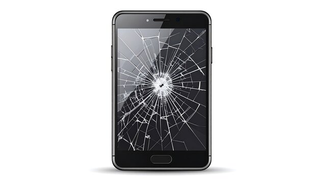 A dark gray smartphone displays a shattered screen, showcasing extensive cracking radiating from a central point.