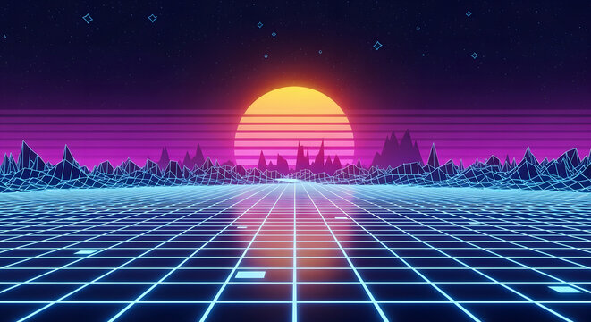 Retro futuristic cityscape with a glowing sun setting over a neon grid landscape, evoking a synthwave aesthetic and 1980s digital art style