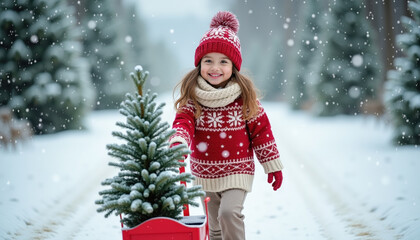 Joyful 6-year-old girl pulling sled with decorated Christmas tree in snowy pine forest, capturing festive spirit for holiday marketing, greeting cards, or seasonal decorations.