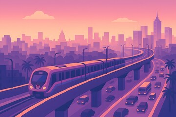 Dynamic flat vector illustration of a Delhi Metro train on an elevated track with the urban skyline and city traffic below, representing a modern city.

