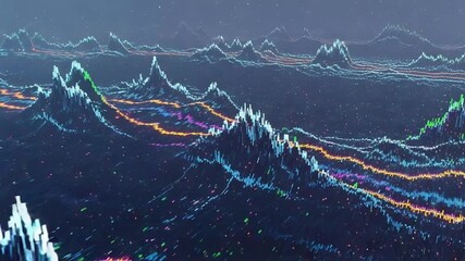 Neon data waveform landscape with multicolor lines and rising peaks. - Powered by Adobe
