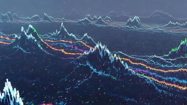 Neon data waveform landscape with multicolor lines and rising peaks.