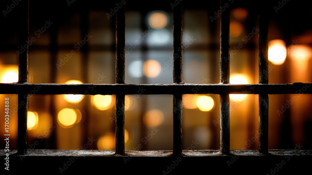 Poster close up view of metal bars creates stark contrast against blurred background of warm lights, evokin