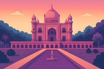 Elegant flat vector illustration of Safdarjung Tomb, a Mughal-style mausoleum in New Delhi, with a prominent central dome and water channels.


