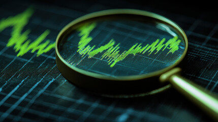 Magnifying glass focuses on green waveform displayed on dark grid background, symbolizing analysis and scrutiny in data interpretation. image conveys sense of precision and attention to detail