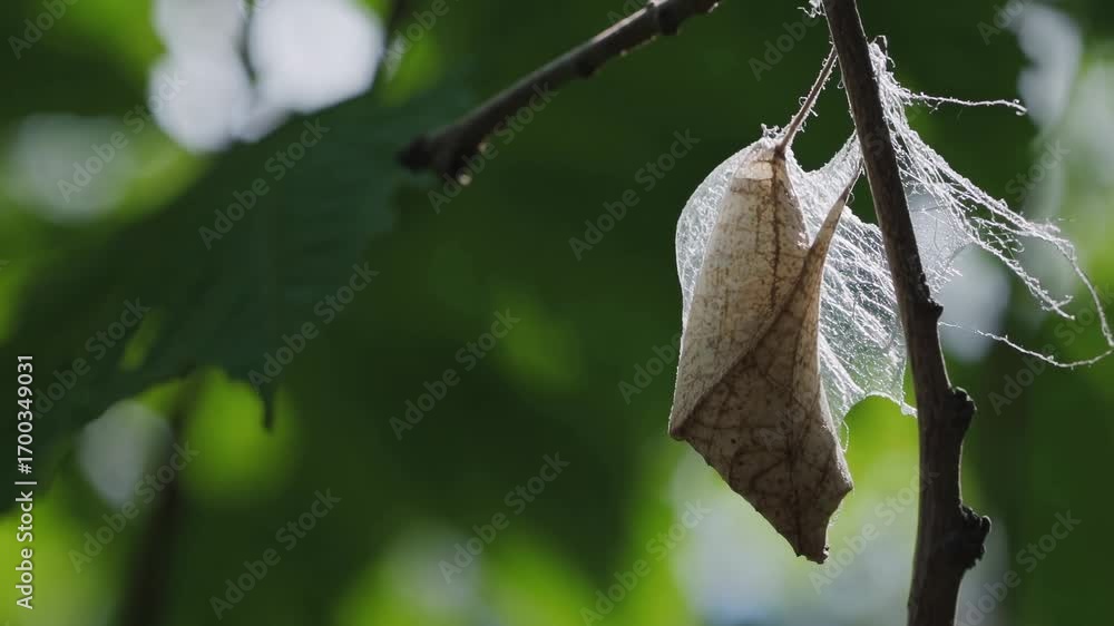 Poster close-up video of a cocoon hanging from a branch, captured from a side angle. the background is soft