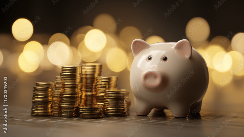 Poster piggy bank sits beside stack of shiny gold coins, creating warm and inviting atmosphere with soft bo