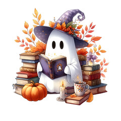 A whimsical Halloween decoration featuring a scarecrow and a witch hat-wearing pumpkin doll