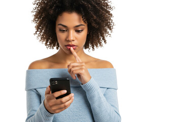 Woman looking at phone with finger on lips isolated on transparent background