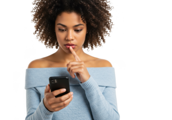 Woman looking at phone with finger on lips isolated on transparent background