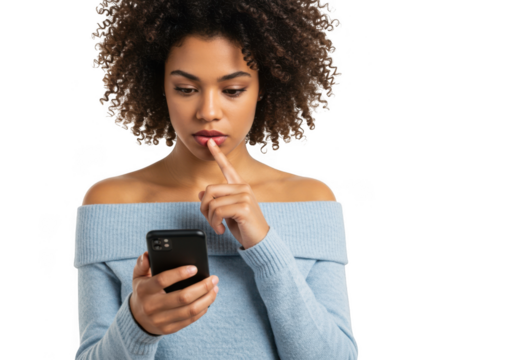Woman looking at phone with finger on lips isolated on transparent background