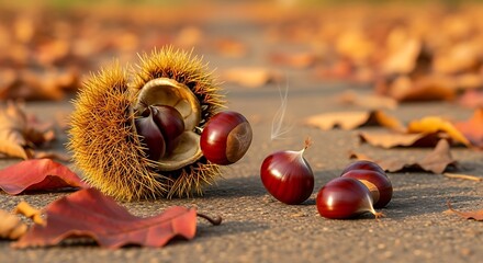 Vibrant Autumn Chestnuts Bursting from Spiky Husk on Ground with Golden Fallen Leaves, Capturing the Essence of Fall Season