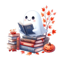 A fun cartoon illustration of a 3D Halloween pumpkin with a witch's hat reading a holiday book