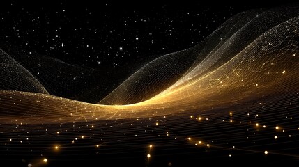 the image features an abstract, digital landscape against a backdrop of a star filled night